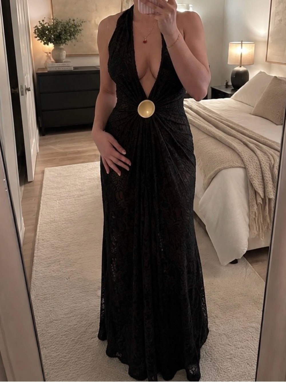SHEIN Black Halter Maxi Dress with Gold Medallion